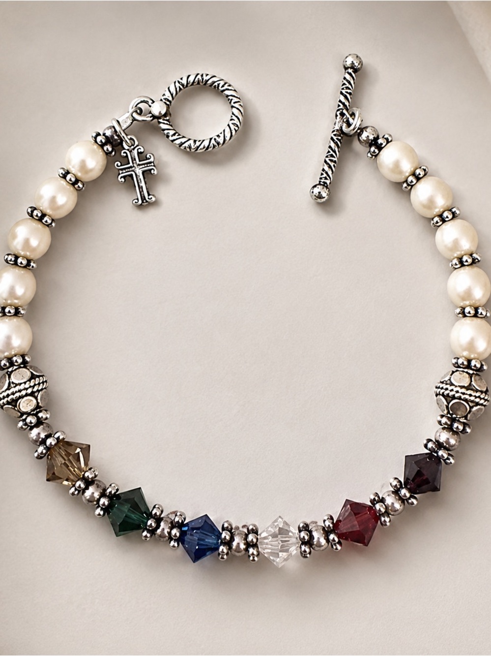 Estate Sterling Silver Beaded Crystal Pearl Cross Toggle Bracelet